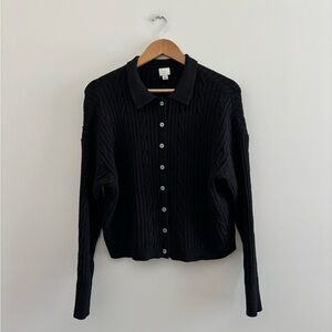 Women’s Cable Knit Collared Cardigan Sweater Black LG Preppy Academia Old Money